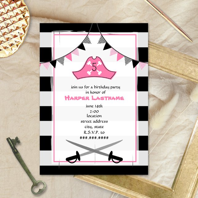 Pirate's Hat + Swords Birthday Party Invite - Pink (Creator Uploaded)