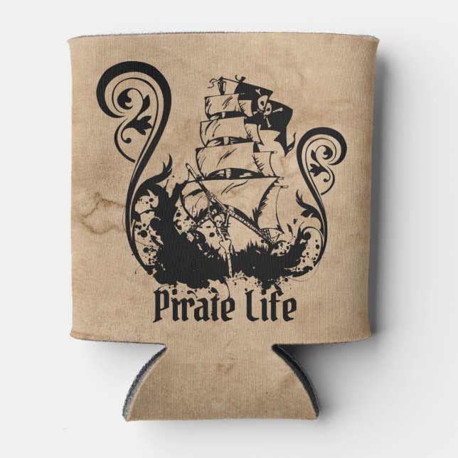 Pirates skull ink ship ocean paper caligraphy  can cooler (Front)