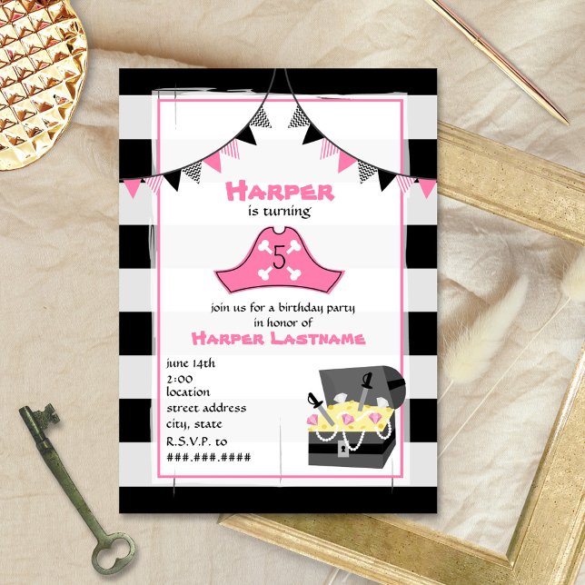 Pirate's Treasure Birthday Party Invitation - Pink (Creator Uploaded)