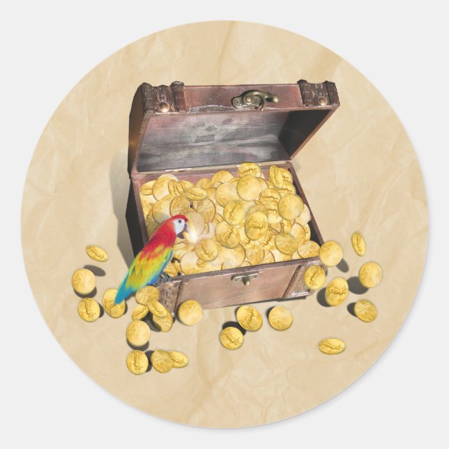 Pirate's Treasure Chest on Crinkle Paper Classic Round Sticker (Front)