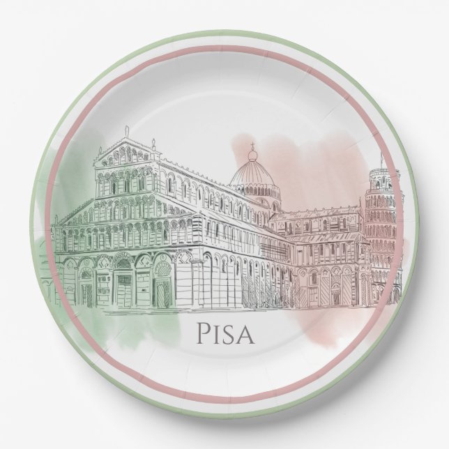 Pisa Italy Basilica with Italy Flag Colours Sketch Paper Plate (Front)
