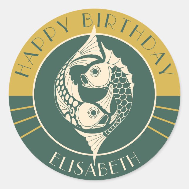 Pisces Astrology Art Nouveau CC1106 Happy Birthday Classic Round Sticker (Front)