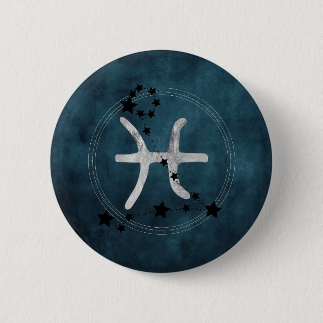 Pisces black & silver zodiac constellation teal 6 cm round badge (Front)