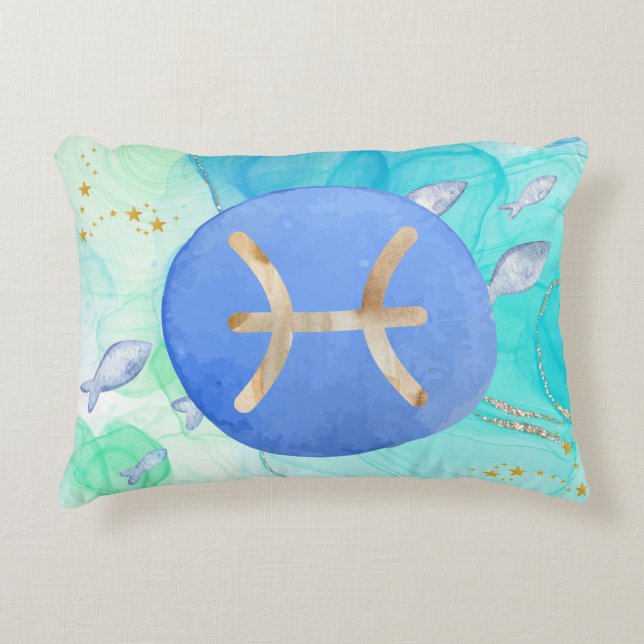 Pisces Blue Green Watercolour Astrology Zodiac Decorative Cushion (Front)