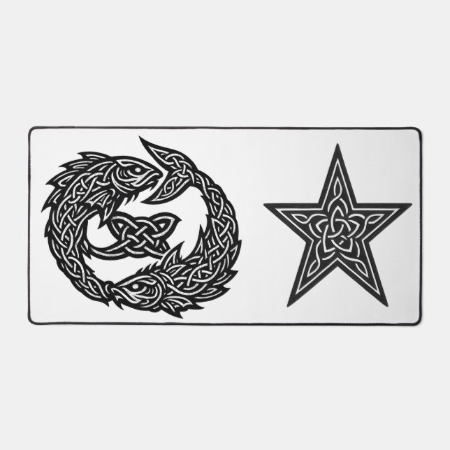 Pisces Celtic Twin‑Current Sigil | BurnsInHell Ink Desk Mat (Front)