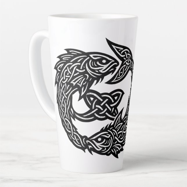 Pisces Celtic Twin‑Current Sigil | BurnsInHell Ink Latte Mug (Left Angle)