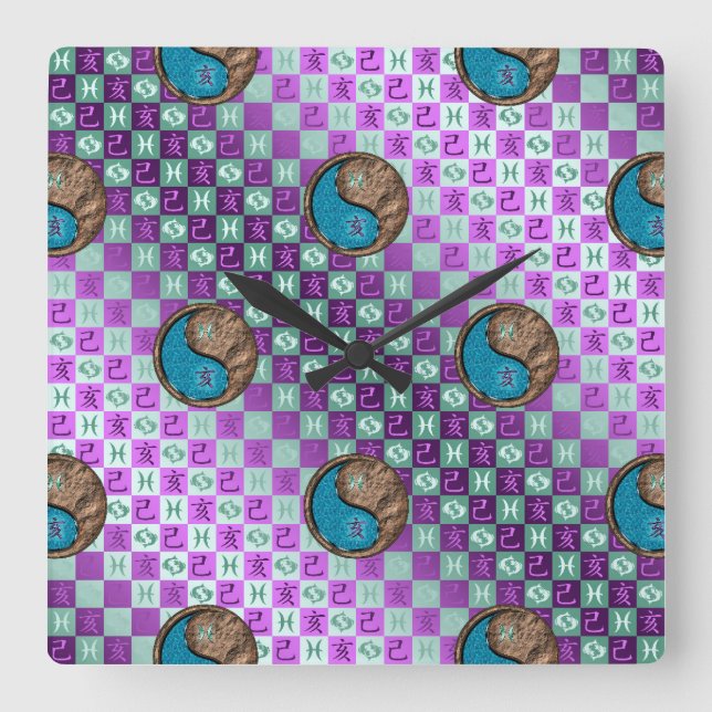 Pisces & Earth Boar Square Wall Clock (Front)