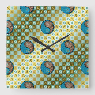 Pisces & Earth Dragon Square Wall Clock