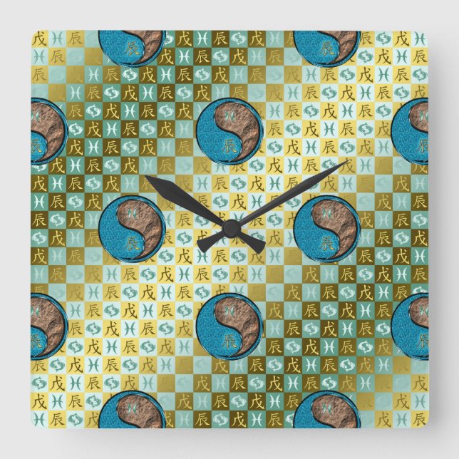 Pisces & Earth Dragon Square Wall Clock (Front)
