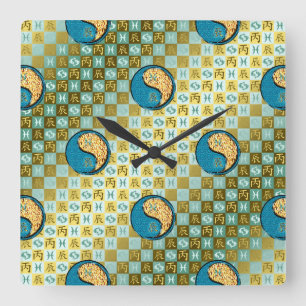 Pisces & Fire Dragon Square Wall Clock