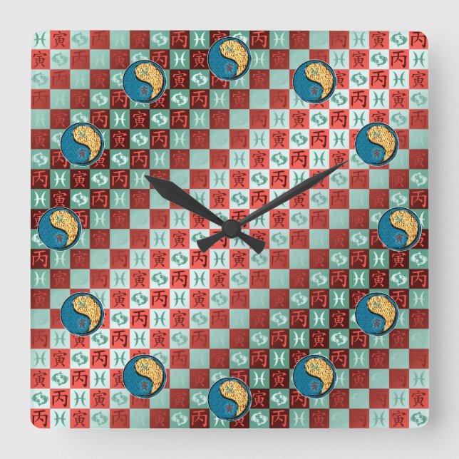 Pisces & Fire Tiger Square Wall Clock (Front)