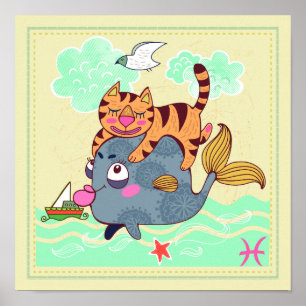 Pisces Fish Cat Zodiac Nursery Print