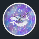 Pisces Fish Constellation Stars Name Birthday Gift Clock<br><div class="desc">This fun wall clock makes the perfect gift for anyone born under the zodiac sign Pisces. It includes two vintage fish, plus the constellation and space for the birthday person's name, all in white on a purple-pink starry background. Just use the easy template to add your personalised name. DESIGN TIP:...</div>