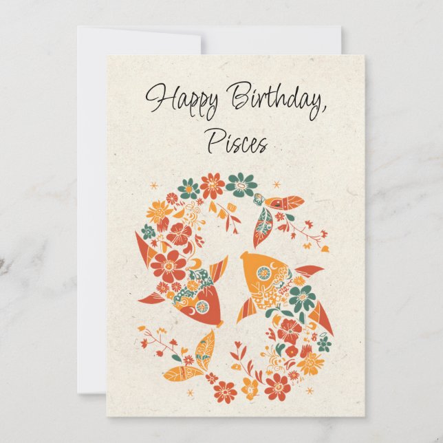 Pisces Fish Zodiac Floral Birthday Flat Card (Front)
