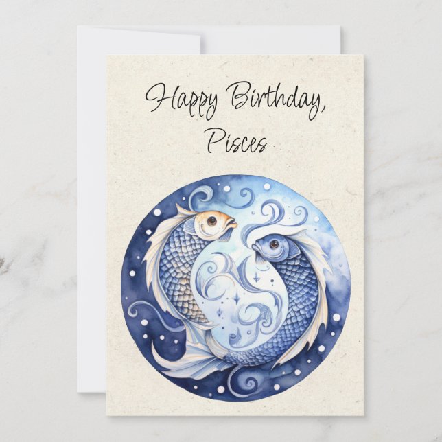 Pisces Fish Zodiac Watercolor Birthday Flat Card (Front)