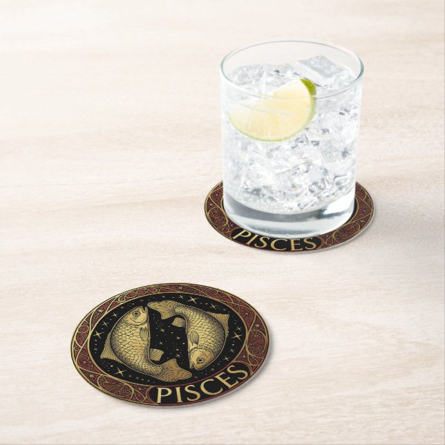 Pisces Fishes Zodiac Symbol Round Paper Coaster (Insitu)