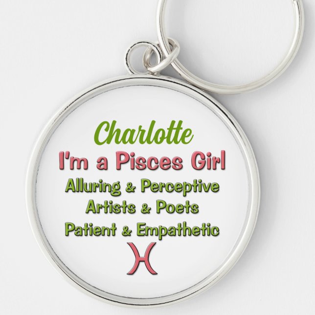 Pisces Girl Zodiac in Pink with Green Key Ring (Front)