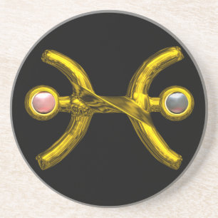 PISCES GOLD ZODIAC BIRTHDAY JEWEL Pearls ,Black Coaster