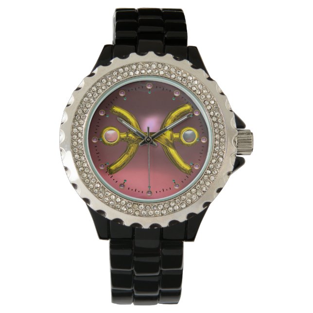 PISCES GOLD ZODIAC BIRTHDAY JEWEL, Pink Pearl Watch (Front)