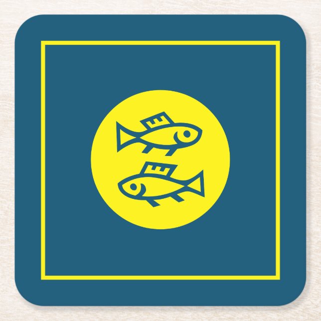 Pisces Horoscope Yellow Blue Modern Minimalist Square Paper Coaster (Front)
