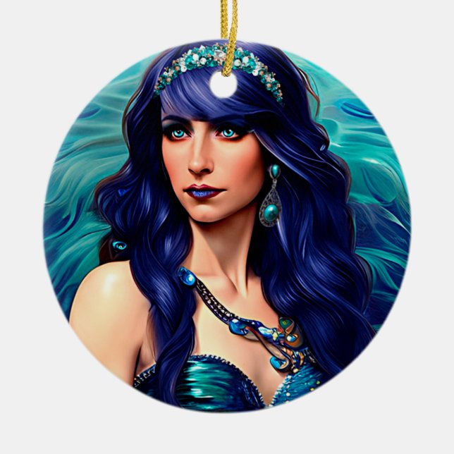 Pisces Mermaid Queen Original Fantasy art   Ceramic Tree Decoration (Front)