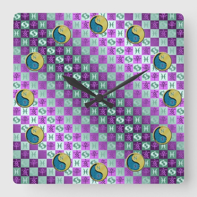 Pisces & Metal Boar Square Wall Clock (Front)