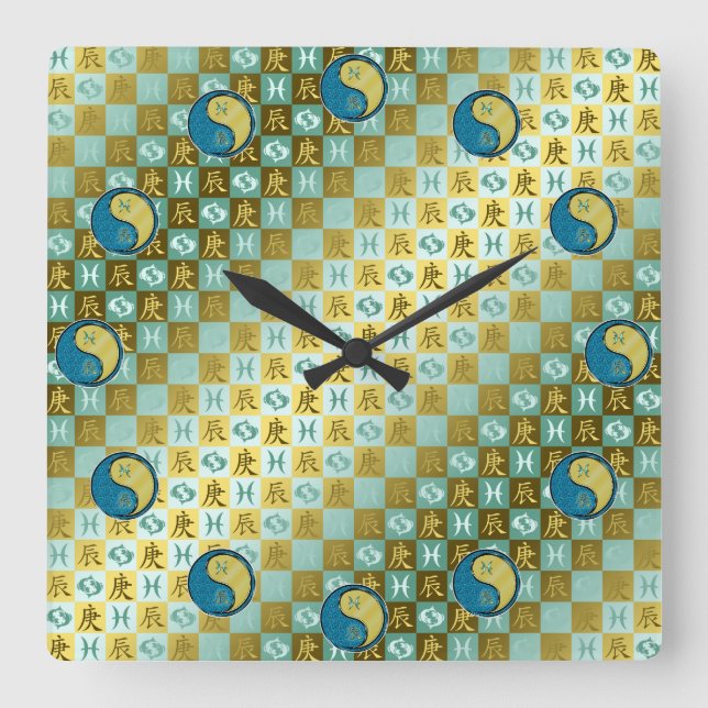 Pisces & Metal Dragon Square Wall Clock (Front)