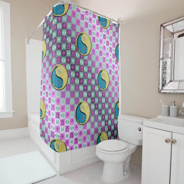 Pisces & Metal Rooster Shower Curtain (In Situ)
