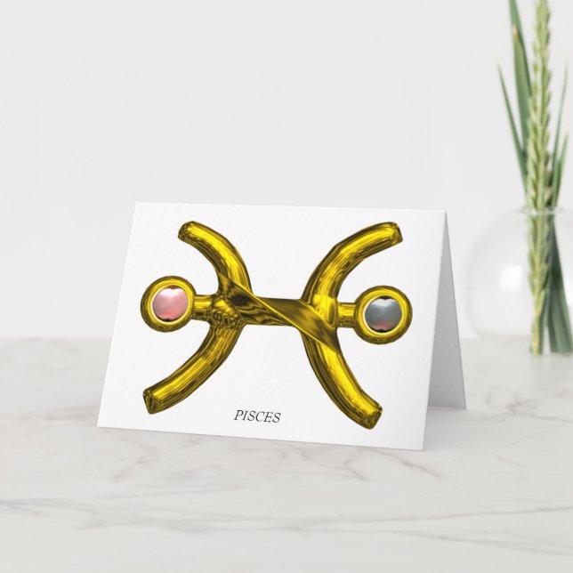 PISCES Pink White Pearls & Gold Zodiac Birthday Card (Front)