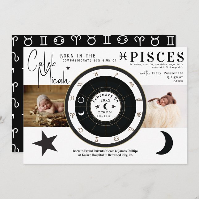 Pisces Sun & Moon Sign Zodiac Birth Announcement (Front/Back)
