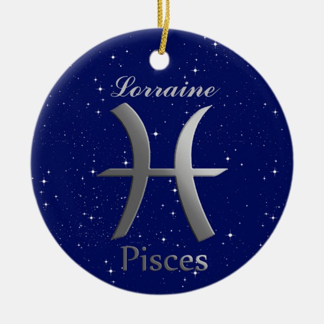 Pisces Sun Sign Symbol with Name Ceramic Tree Decoration (Front)
