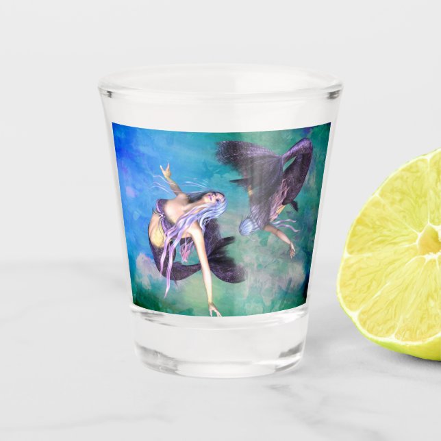 Pisces – Two Mermaids Swimming in a Loop Shot Glass (Front)