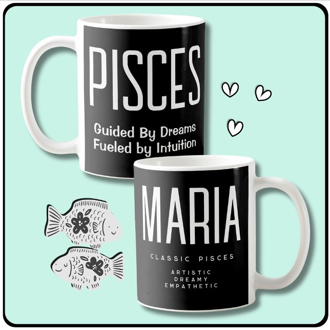 Pisces Water Sign Astrology Gift Coffee Mug (Pisces Star Sign Zodiac Gift with Personalized Name, Pisces Quote, Traits, Symbol & Birth Dates.)