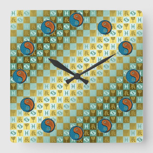 Pisces & Wood Dragon Square Wall Clock (Front)