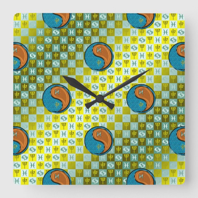 Pisces & Wood Monkey Square Wall Clock (Front)