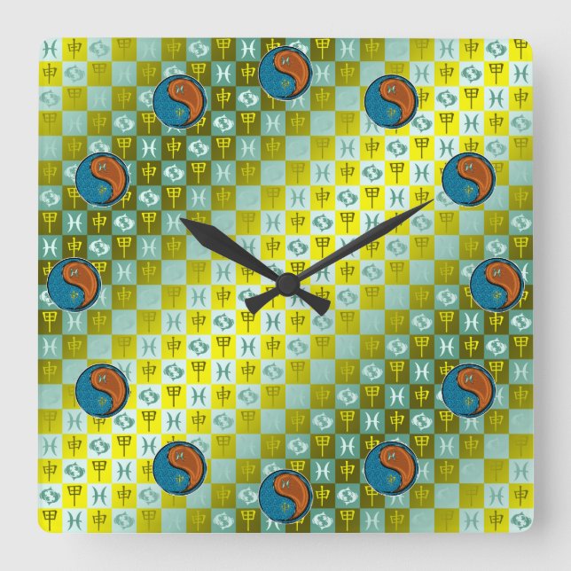 Pisces & Wood Monkey Square Wall Clock (Front)