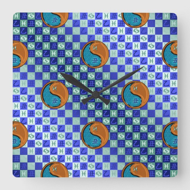 Pisces & Wood Ox Square Wall Clock (Front)
