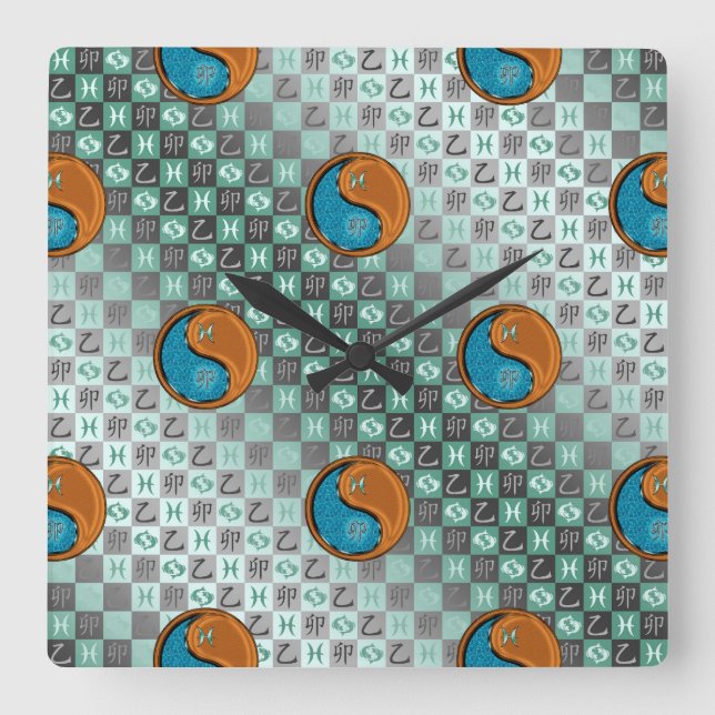 Pisces & Wood Rabbit Square Wall Clock (Front)