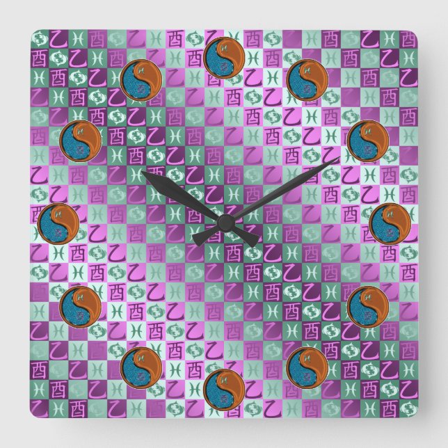 Pisces & Wood Rooster Square Wall Clock (Front)