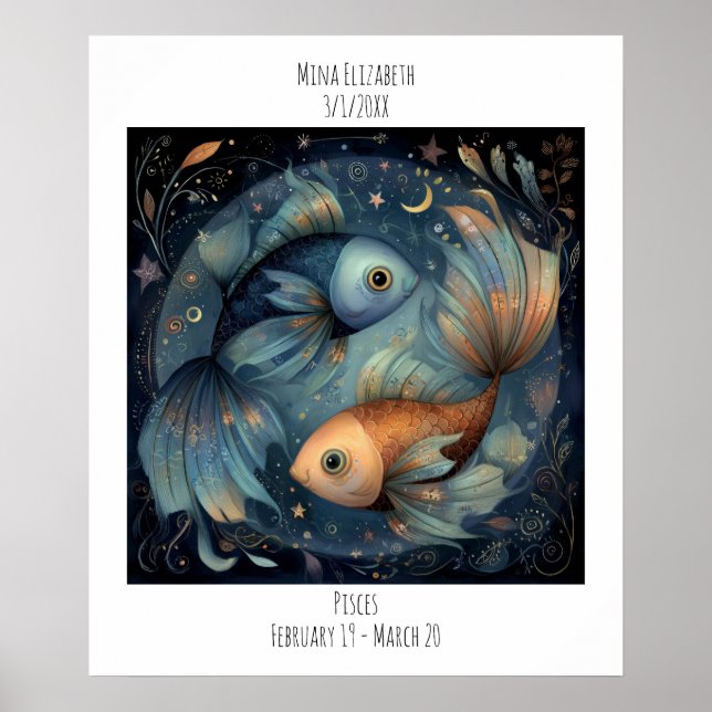 Pisces Zodiac Astrology Name & Birthday Poster (Front)