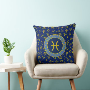 Pisces Zodiac+Astrology Symbols Pattern Gold+Blues Cushion