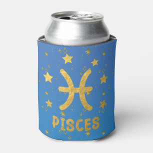 Pisces Zodiac Blue and Gold Can Cooler