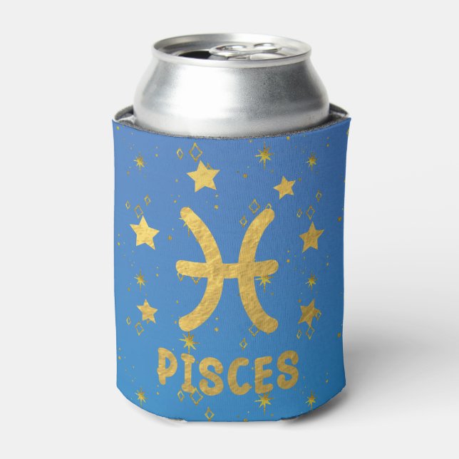 Pisces Zodiac Blue and Gold Can Cooler (Can Front)