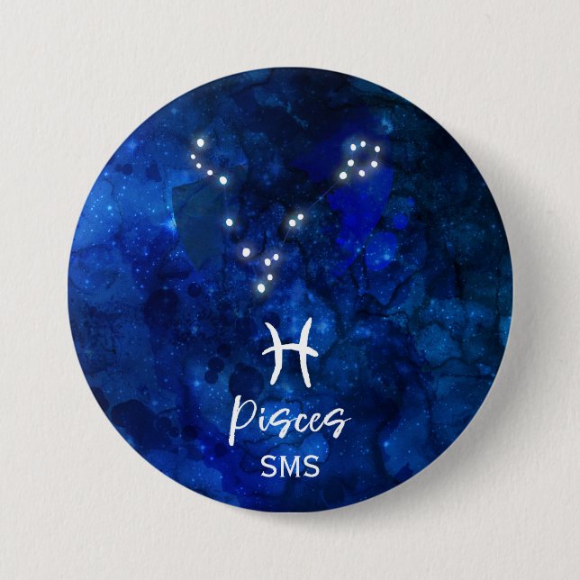 Pisces Zodiac Constellation Blue Galaxy Monogram 7.5 Cm Round Badge (Front)