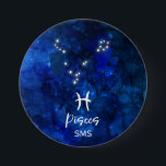 Pisces Zodiac Constellation Blue Galaxy Monogram 7.5 Cm Round Badge<br><div class="desc">Pisces Zodiac Constellation Blue Galaxy Monogram Design. With trendy Brushed Script Font, Dark blue celestial watercolor background texture, Glowing star constellation, and The Two Fish symbol. Modern Astrological Sign Birth Horoscope, is perfect for any Aquarian Birthday From February 19 - March 20 ! With Optional Monogrammed First Middle and Last...</div>