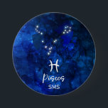 Pisces Zodiac Constellation Blue Galaxy Monogram 7.5 Cm Round Badge<br><div class="desc">Pisces Zodiac Constellation Blue Galaxy Monogram Design. With trendy Brushed Script Font, Dark blue celestial watercolor background texture, Glowing star constellation, and The Two Fish symbol. Modern Astrological Sign Birth Horoscope, is perfect for any Aquarian Birthday From February 19 - March 20 ! With Optional Monogrammed First Middle and Last...</div>