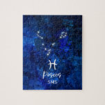Pisces Zodiac Constellation Blue Galaxy Monogram Jigsaw Puzzle<br><div class="desc">Pisces Zodiac Constellation Blue Galaxy Monogram Design. With trendy Brushed Script Font, Dark blue celestial watercolor background texture, Glowing star constellation, and The Two Fish symbol. Modern Astrological Sign Birth Horoscope, is perfect for any Aquarian Birthday From February 19 - March 20 ! With Optional Monogrammed First Middle and Last...</div>