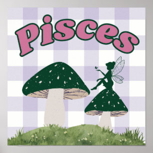 Pisces Zodiac Cottagecore Fairy Mushroom Poster
