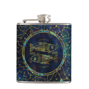 Pisces Zodiac Gold Abalone on Constellation  Hip Flask