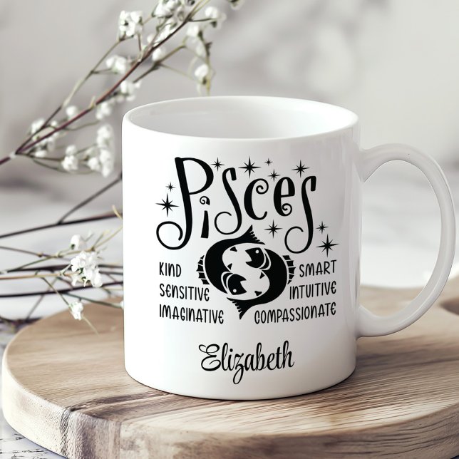 Pisces Zodiac Horoscope Custom Name  Coffee Mug (Pisces Zodiac Horoscope Custom Name Coffee Mug on a neutral boho kitchen table.)